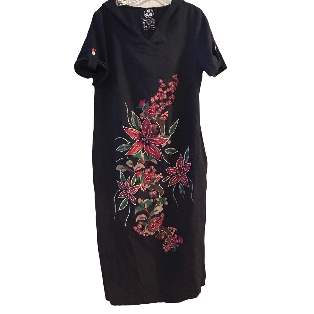 Wisteria Lux Navy Linen Floral Hooded Midi Dress Short Sleeve Pockets Large